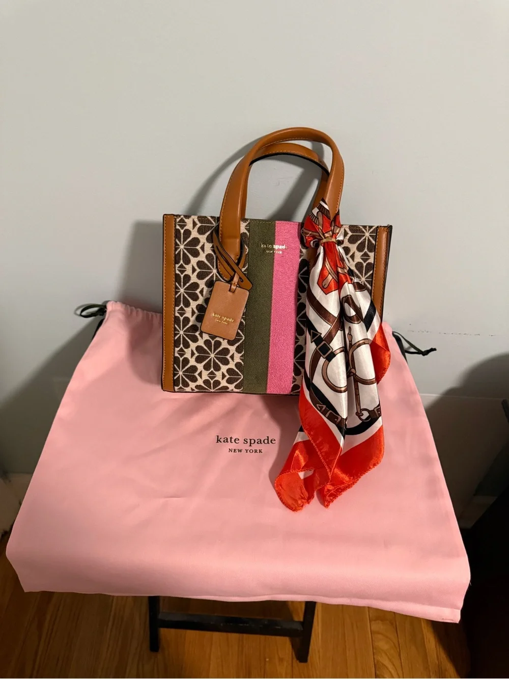 kate spade Brown Floral Canvas Tote with Pink & Olive Center Stripe and Tan Trim
